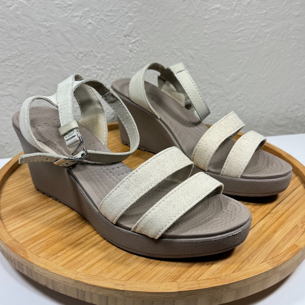 CROCS Women's Cream Strap Wedge Sandals with Taupe Footbed
